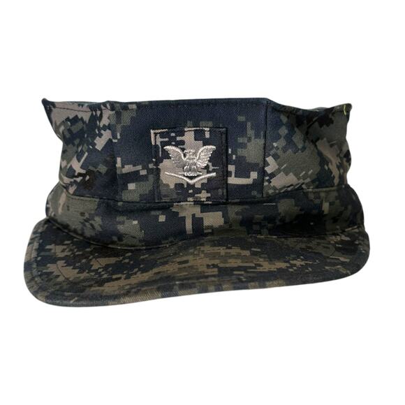 US NAVY PO3 PETTY OFFICER 3RD CLASS BLUE CAMO 8 POINT WORKING UTILITY HAT 7 1/2 - Picture 1 of 5